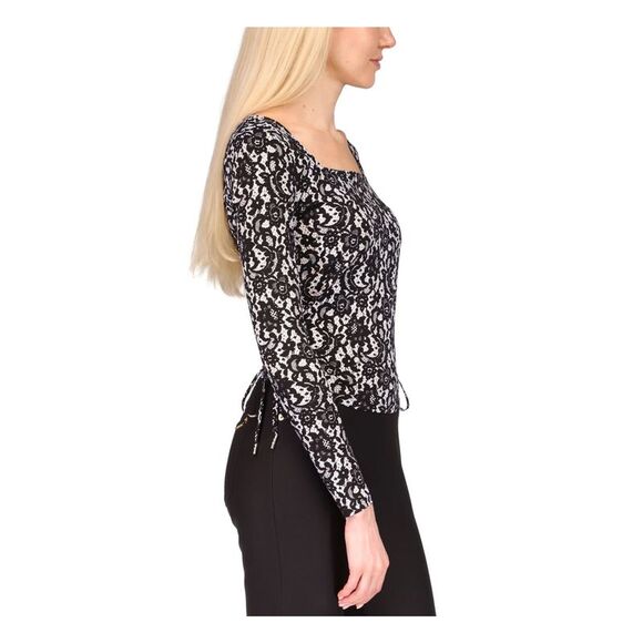 MICHAEL MICHAEL KORS Womens Black Ruched Tie Long Sleeve Square Neck Top XXS - Picture 3 of 4